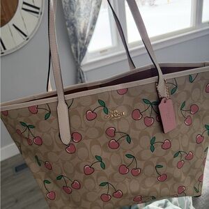 Coach Cherry Print Tote - Beige and Pink